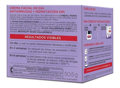 Imagen 3 de 5 de Crema Antiarrugas Loreal Revitalift Acido Hialuronico Dia