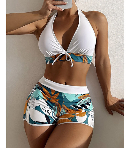 Traje De Baño De Dos Piezas Con Estampado Playero Para Mujer