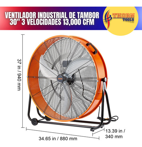 Ventilador Industrial De Tambor 30 3 Velocidades 13,000 Cfm Estructura Naranja Aspas Plateado Diámetro 76 cm Frecuencia 50Hz/60Hz Material de las aspas Acero