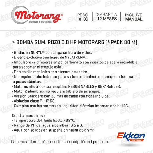 Imagen 2 de 6 de Bomba Agua Sumergible Pozo Motorarg 4pack 80m Incluye Cable