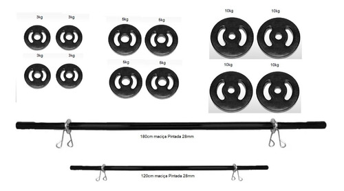 Kit 72kg Anilhas Revestidas + Barra Maciça 1x180cm + 1x120cm