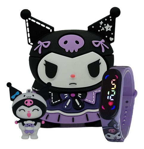 Audífonos Kuromi Hello Kitty Con Reloj Y Llavero Kuromi