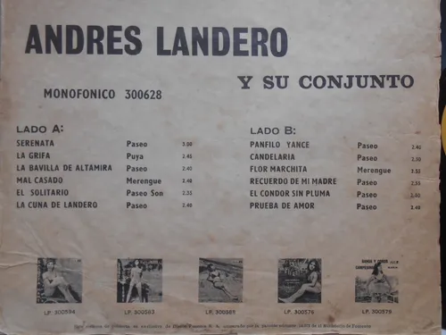 Andres Landero Conjunto Serenata Vallenata Lp Vinilo 1971 (Usado)