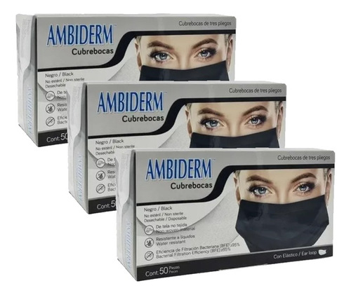 3 Cajas Cubrebocas Desechable Ambiderm Negro 50 Pz C/u Adult