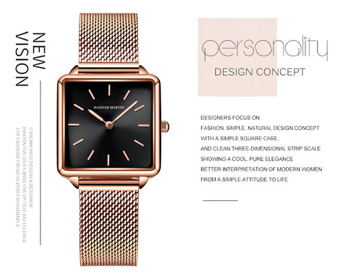 Relógios de quartzo quadrado simples Hannah Martin, cor da pulseira: preto, cor de fundo, rosa