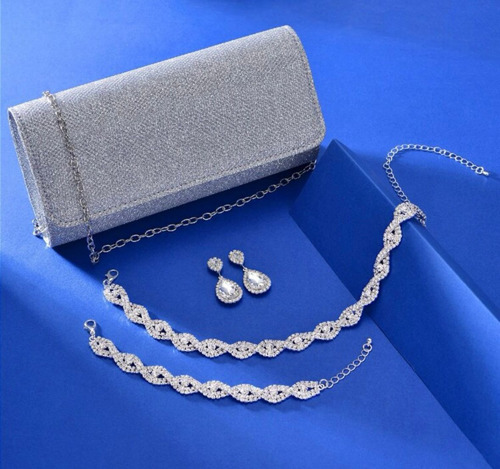 Set Bolso De Fiesta Gargantilla, Pulsera Y Aretes Elegante