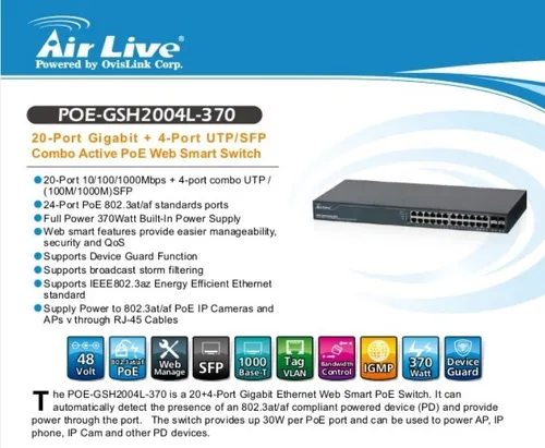 Switch Airlive 24 Bocas Gigabit 4 Utp/sfp Poe Admin Web 370w
