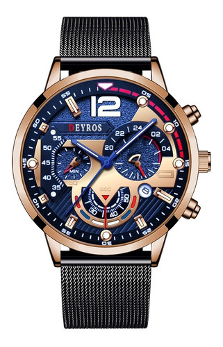 Relógio De Pulso Masculino Pulseira Aço Inox Deyros Cor da correia Bronze Azul Cor do fundo Azul