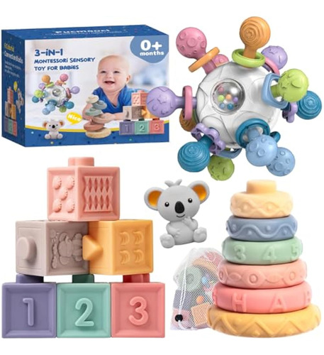 Montessori - Juego De Juguetes 3 En 1 Para Bebé, Mordedor,