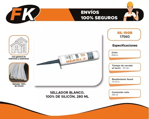 Sellador 100% Silicon Blanco 280 Ml Truper Silicon Blanco Sellador Blanco  Tubo de silicon Sellador