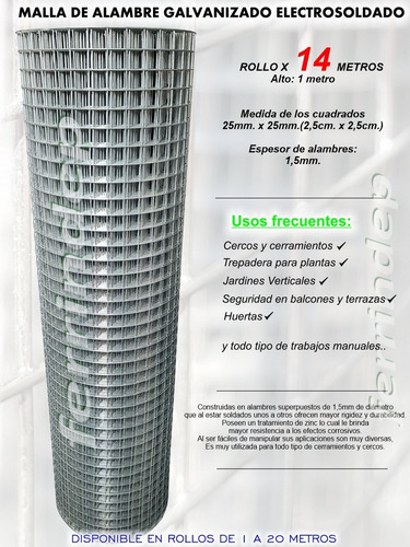 Malla Electrosoldada 25x25mm 1mt 14mts Rollo Tejido Alambre