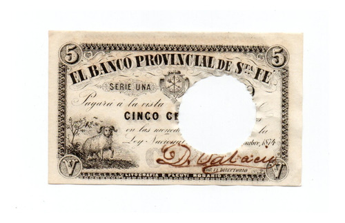 Argentina Banco Provincial Santa Fe Billete 5 Centavos 1874