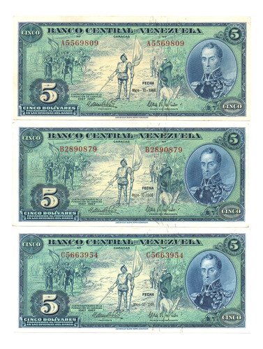 3 Billetes De 5 Bs De Mayo 1966 Letras A-b-c En Au