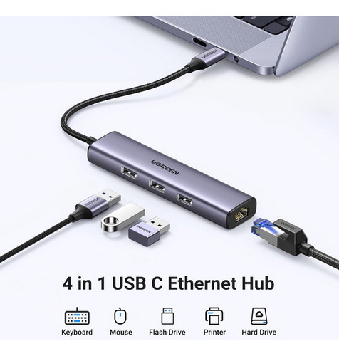 Hub 4 Em 1 Ugreen Usb Tipo-c Para 3* Usb 3.0 + Rj45 Ethernet