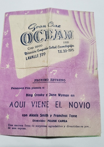 Gran Cine Ocean Programa Cine Año 1953 De Coleccion Vintage