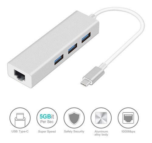 Hub Usb C Adaptador Zapatilla 3 Puertos Usb 3.0 + Rj45 Alumi