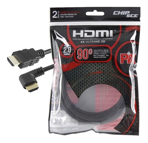 Cabo Hdmi 2.0 19 Pinos 4k Plug 90 Graus 2 Metros