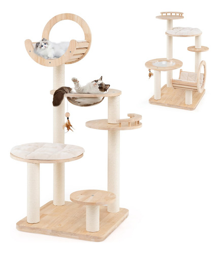Árbol Para Gatos De Madera Maciza 4 En 1 Con Rascador