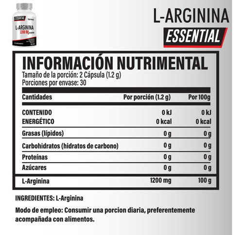 L-arginina 1200 Mg | Testrol | Essential | 60 Caps Sabor Sin sabor