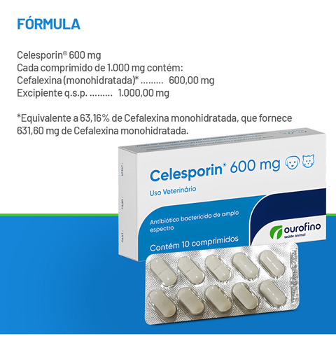 Celesporin Antibiótico 600mg Cartela Com 10 Comprimidos Cães
