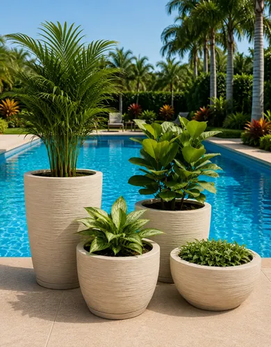 Kit 4 Vasos Decorativo ​Texturizados Planta Varanda + Pratos Bege Escovado