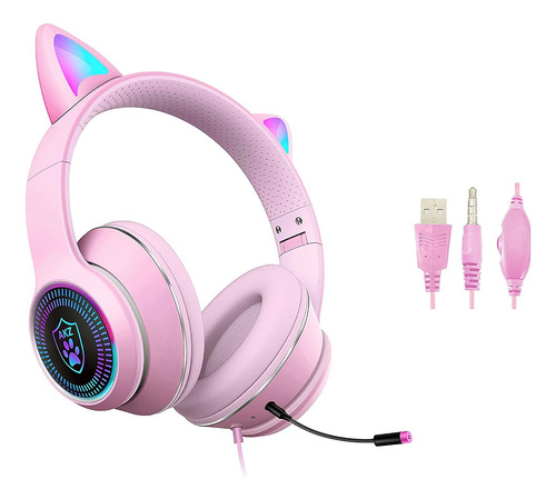 Auriculares Videojuegos Cable Aux 35mm Luz Led Rosado Orejas