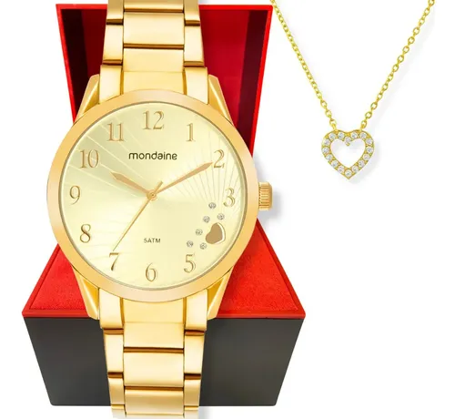 Mondaine Kit Relógio Colar Dourado