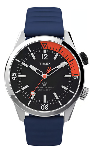Reloj Timex Tw2v73500 The Waterbury 41mm Malla Caucho Azul Color Del Bisel Plateado Color Del Fondo Negro