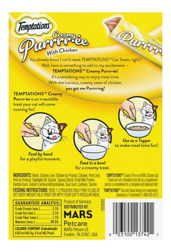Premios Gatos Puré Cremoso Temptations Sabor Pollo 4pzs