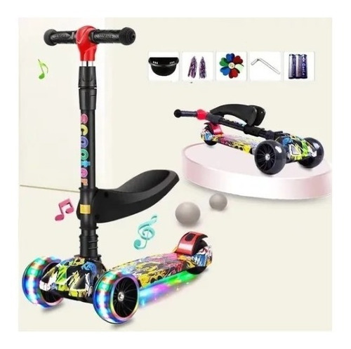 Scooter Patinete 3 En 1 Ajustable Plegable Con Luz Y Musica