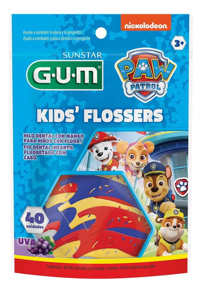 GUM - Paw Patrol Kids Flossers Hilo Dental Infantil con Flúor, Sabor Uva, Encerado, Resistente al Deshilachado, Mango Ergonómico, 40 Piezas