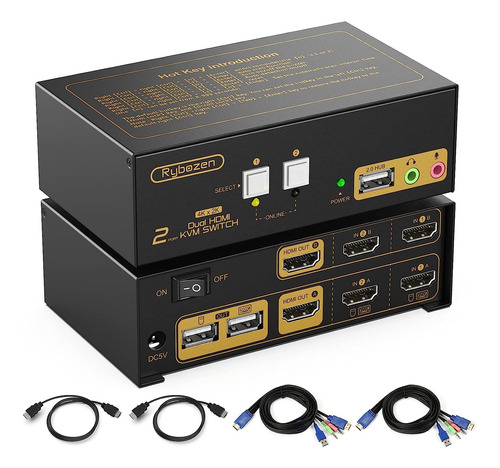 Conmutador Kvm Hdmi 2 Monitores 2 Computadoras, 2 Puertos Du