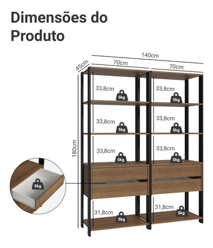 Estante Armário Multiuso Livros 4 Gav 8 Prat 140cm Madesa Rp Cor Rustic/Preto