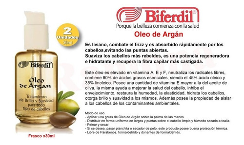 Imagen 3 de 4 de Oleo De Argan Biferdil Brillo Y Anti Frizz Fco 30ml Pack 2un