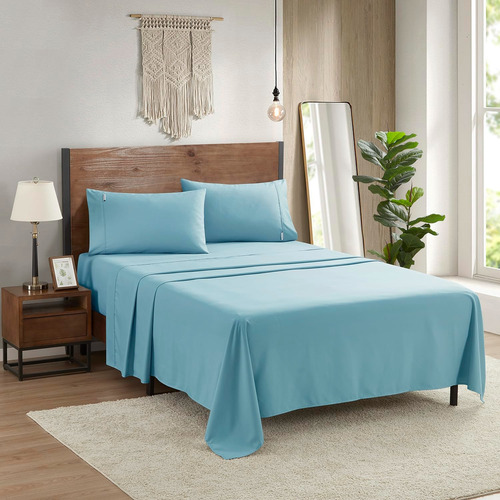 Juego De Sábanas Matrimonial Kinkete 4 Pzs Ajustables Azul Acero Liso