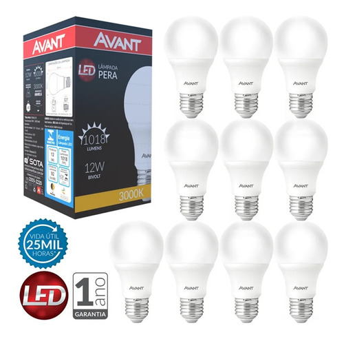 Kit 10 Lampadas Led 12w Avant 3000k Bivolt