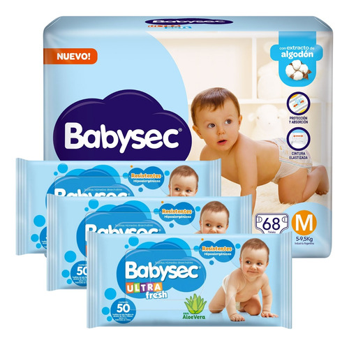 Combo Babysec Ultra Soft Pañales Con 3 Toallitas Humedas