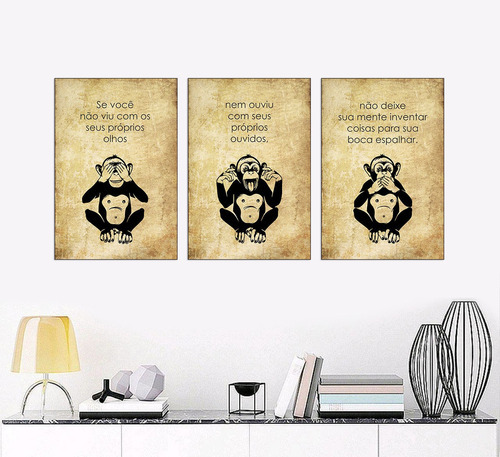 Quadros Macacos Sábios Rústico 20x30 Decorativo Sala Quarto Cor da armação sem borda