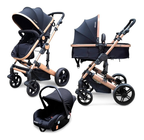 Cochecito de paseo Mega Baby Lanin travel system negro con chasis color dorado