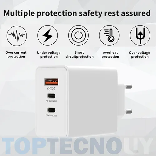 Cargador De Pared Usb Pd Triple 2 Usb Tipo C 20w Carga Rapid