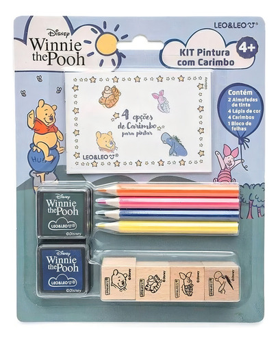 Kit Pintura Pooh 4 Lápis Cor + 1bloco + 4carimbo +2 Almofada