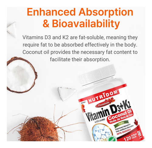 Nutridom Vitamina D3 + K2 Con Aceite De Coco 120 Cápsulas