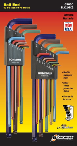 Bondhus Llaves Hexagonal Bola Juego 69600 (colores) 22 Pzas