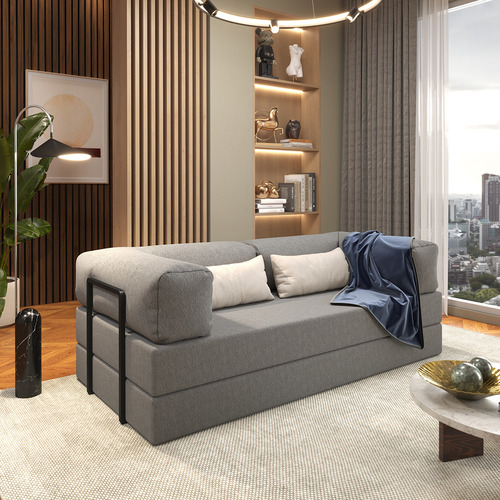 Colchão Casal 192cm Bouclê Cinza Vira Sofá-cama 2 Lugares Com Estrutura Metálica Estilo Industrial Nórdico Mod: Buble Caixa
