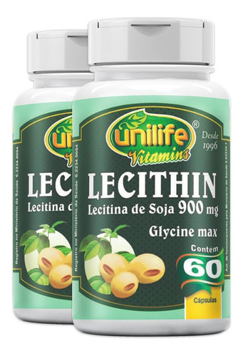 Kit 2 Lecitina De Soja 900mg Unilife 60 Cápsulas Sabor Sem Sabor