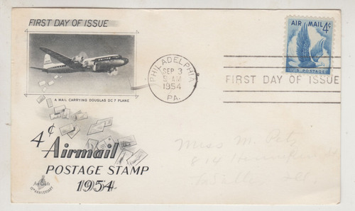 1954 Tarjeta Fdc Sello Air Mail Usa Con Avion Douglas Dc 7