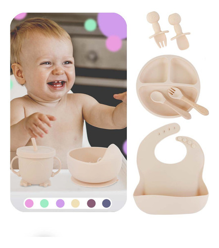 Kit 8 Alimentação Infantil Introdução Bebê Silicone Ventosas Cor Bege