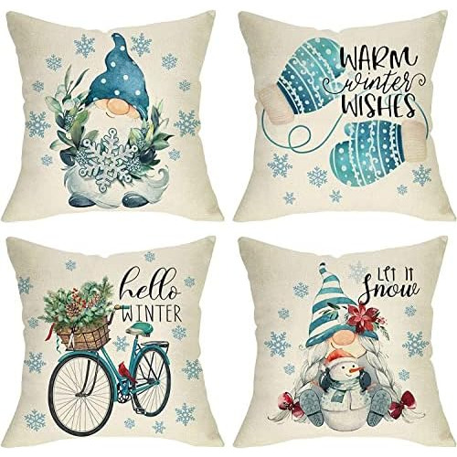 Juego De 4 Fundas De Almohada Gnomos De Invierno Y Mens...