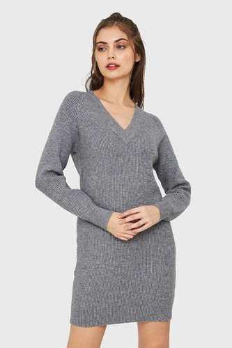 Sweater Vestido Cuello V Gris Oscuro Nicopoly