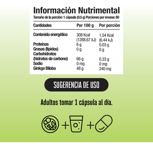 Ginkgo Biloba |60 Cápsulas |Sin sabor |Aumenta tu claridad mental mejora tu enfoque y apoya tu bienestar cerebral con este suplemento natural lKukamonga